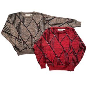 Mens Vintage Marquis Sweaters Long Sleeve Pullover Brown Red Crew Neck Small